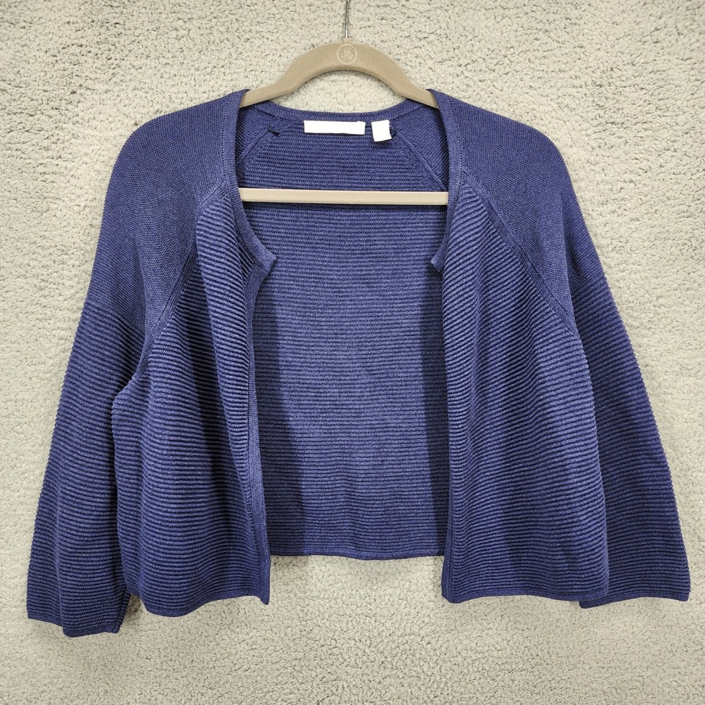 Hugo Boss Faria Blue Ribbed Knit Open Front Cropped Cardigan Sweater Large